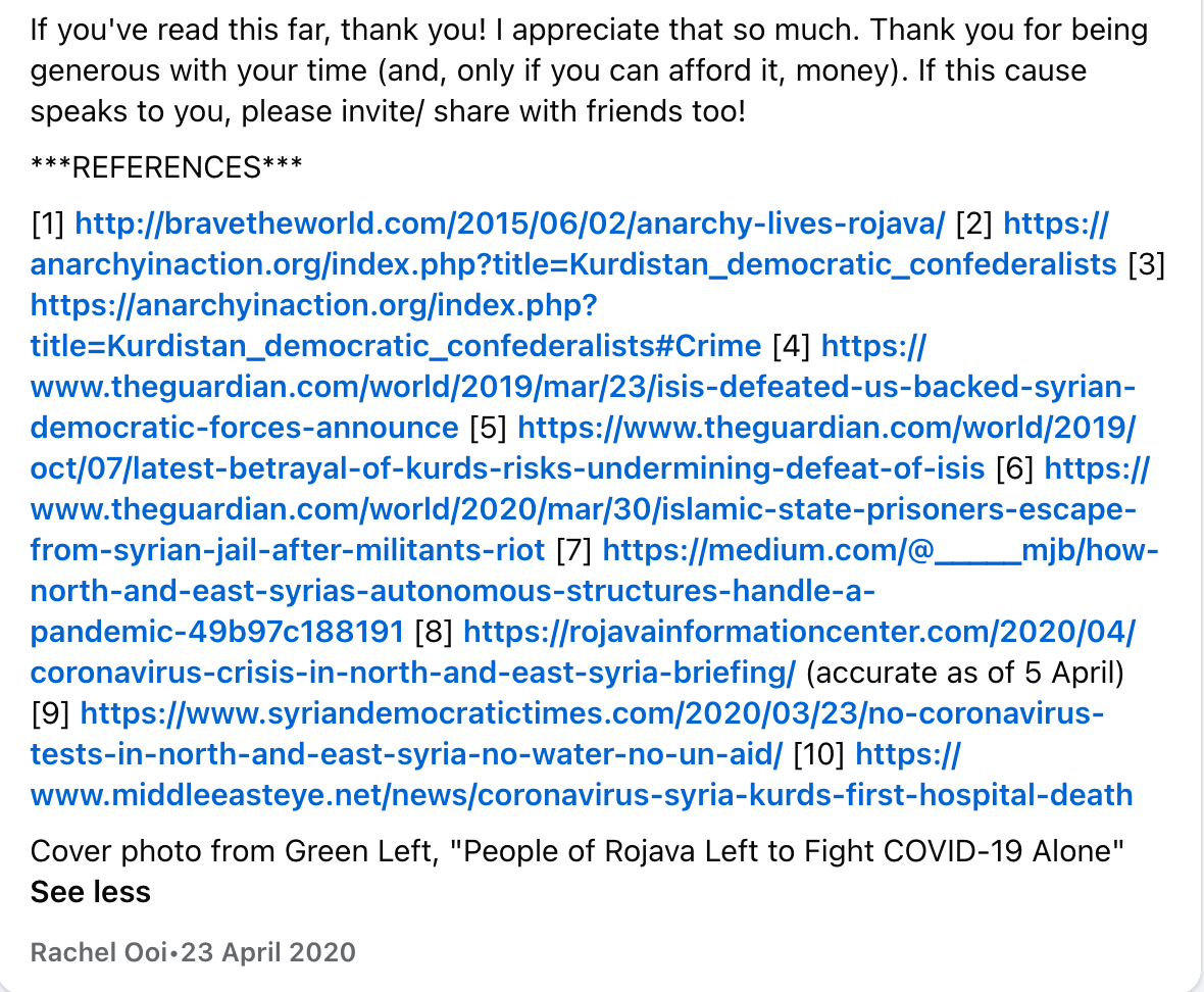 screenshot of write-up about Rojava's history and COVID-19 emergency for the fundraiser